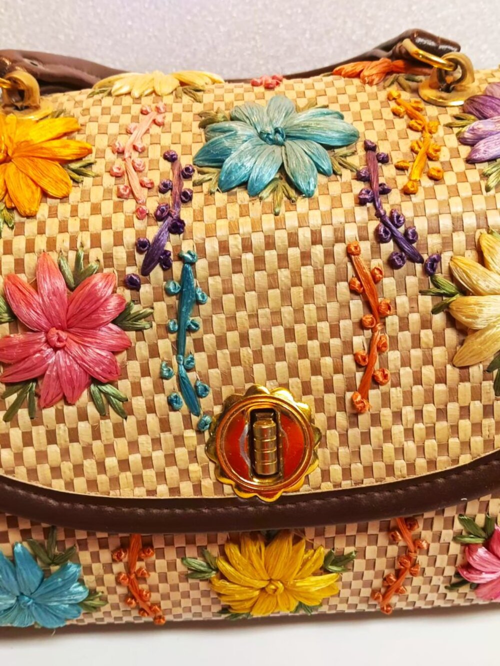 OOAK Vintage handmade woven straw and rattan handbag with wood sides.